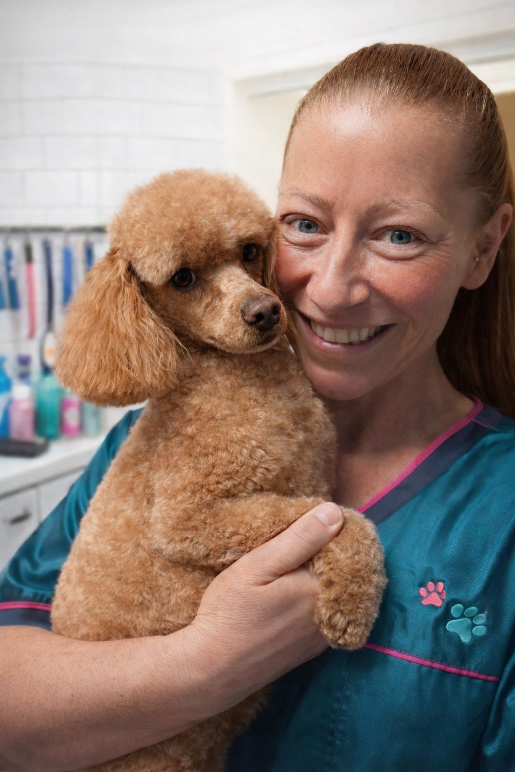 Vikki with a groomed dog